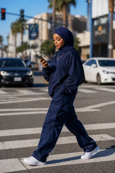 A woman wearing a navy blue hijab and matching tracksuit walks across a crosswalk while looking at her phone, with palm trees and cars visible in the background.