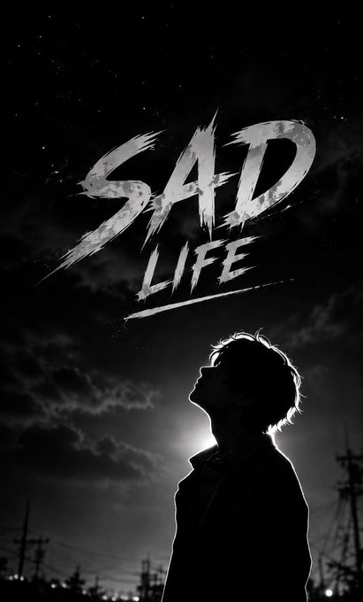A black and white atmospheric image showing a silhouetted figure looking up into a starry sky, with the text 'SAD LIFE' displayed prominently in a distressed brushstroke font.