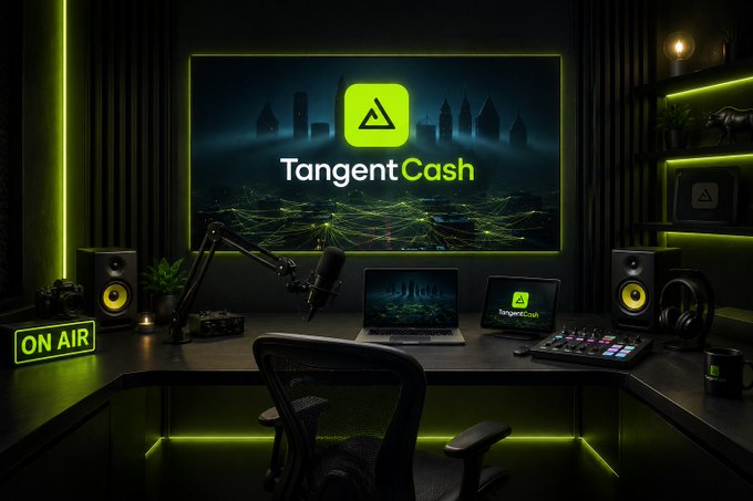 A neon-lit podcasting or broadcasting studio setup featuring a large screen displaying the 'Tangent Cash' logo, with two laptops, a microphone, speakers, and an 'ON AIR' sign.