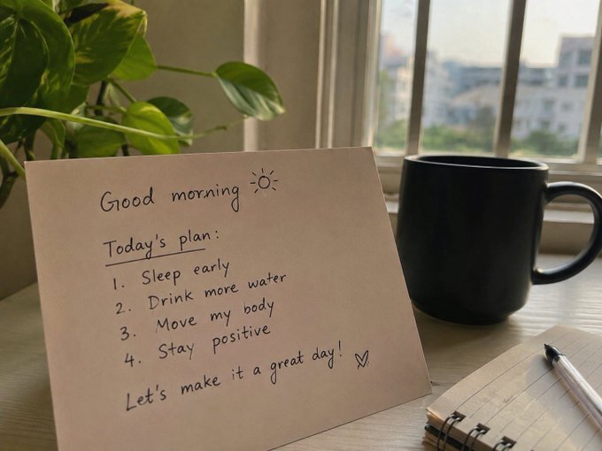 A notebook with a piece of handwritten paper in front of it features a to-do list. Next to it, a black mug sits on the table. The sun outside the nearby windows bathes everything in warm light.