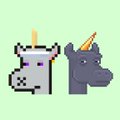 Pixel art sprites of two unicorns — one white holding a scepter and one gray with a golden horn — set on a green background.