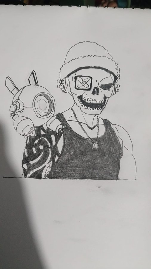 A pencil drawing of a character with a beanie, a skull-like face with a grinning mouth and an 'X' over one eye, a robotic left arm, and dog tags around his neck, wearing a tank top.
