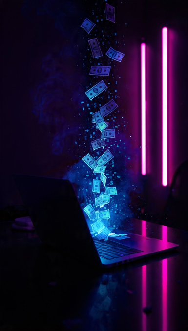 Stylized 3D-rendered US dollar bills emerge upward from an open laptop keyboard into a dark room illuminated by glowing pink and blue neon tube lights.