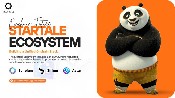 Promotional graphic for 'Startale Ecosystem' titled 'Onchain Future,' featuring a 3D-rendered panda character on an orange background and listing Soneium, Strium, and Astar as components.