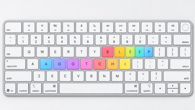 A white Magic Keyboard with the letters "SLEEP" and "A GOT CHIP" highlighted in rainbow colors across the keys.