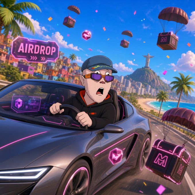 A shocked cartoon character in sunglasses drives a sleek sports car along a Rio de Janeiro coastline, with parachuting crates labeled "M" and an "AIRDROP" sign floating above, capturing the excitement of receiving an airdrop tied to the $PENGU token featured in the post.