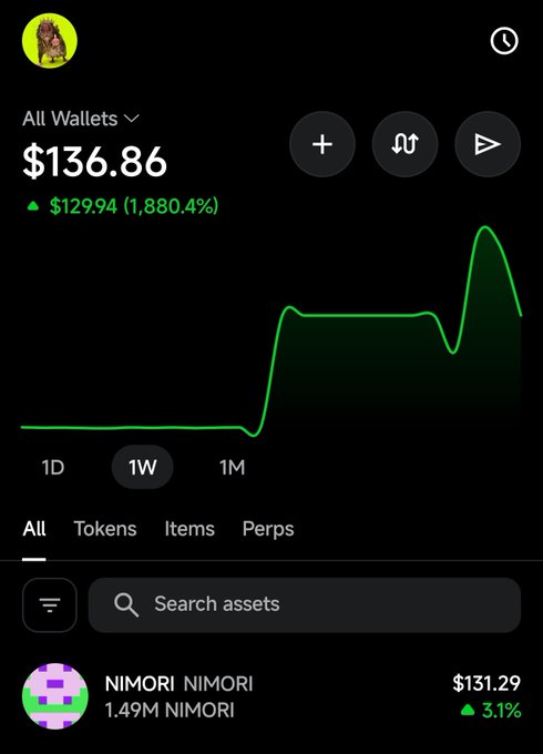 A screenshot of a crypto wallet app showing a total balance of $136.86 with a 1,880.4% gain, featuring a chart and NIMORI token holdings.