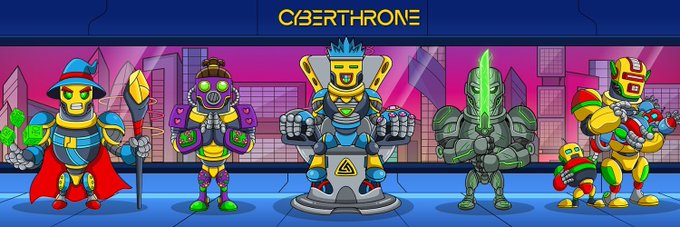 A colorful illustration for 'CYBERTHRONE' showing five robot characters in different colors and armor styles standing against a neon cityscape background.