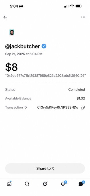 A mobile payment confirmation screen from @jackbutcher showing an $8 completed transaction with available balance $1.02 and transaction ID CfGry5d1KeyRkNKS3SNDo.