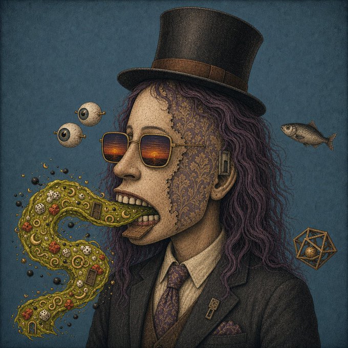 A surreal illustration of a person with purple hair, a top hat, sunglasses reflecting a sunset, with patterned skin and a green tentacled creature emerging from their mouth.
