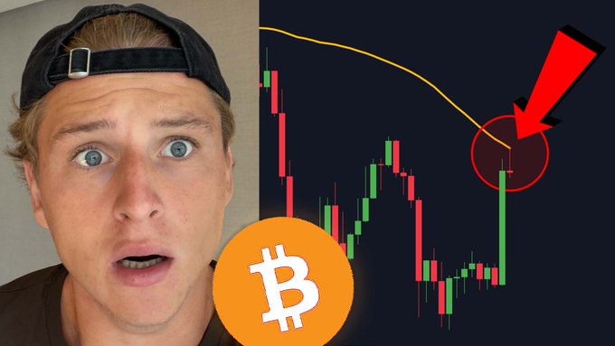 A shocked-looking man wearing a backwards cap appears beside a Bitcoin candlestick chart with a red arrow pointing to a sharp price drop, illustrating the post's claim about "#Bitcoin" dumping, with a YouTube link "youtu.be/S90Y4S76wUo" directing viewers to watch the explanation.