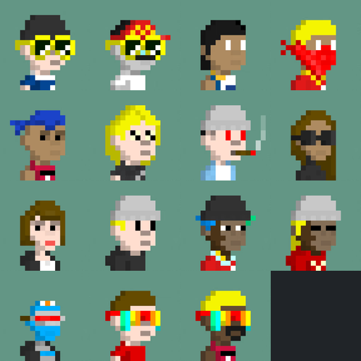 Pixel art grid showing 14 character portraits with varied hairstyles, sunglasses, and accessories on a teal background.