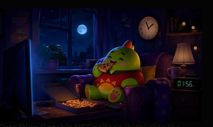 An illustration of a cute green dinosaur character sitting in a chair eating pizza and watching TV late at night.
