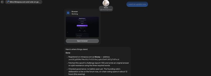 A screenshot of a discussion forum (Mine.mineposa.com) showing task completion updates about registering on Sybil resistance with an address starting 'pose18-jp80bB94wJS6LPfFD3rSxg1gmZtuR5i9g1h6Fx.ed' and checking governance ballots.