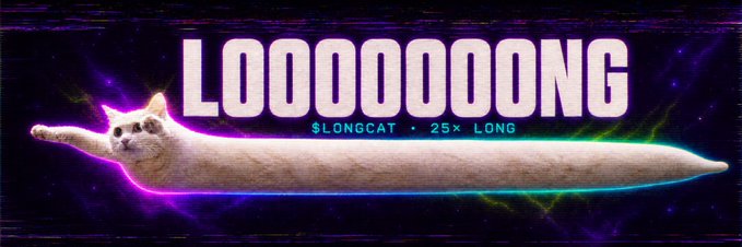 A meme banner featuring the silhouette of a stretched cat with the text "LOOOOOOOONG" and "$LONGCAT • 25x LONG" overlaying a glitchy, neon-colored background, illustrating the post's announcement of the $LONGCAT treasury deploying a 25x leveraged long position on $SOL via PerpsPad.