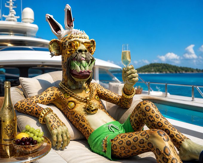 A surreal digital artwork of a leopard-print humanoid creature wearing gold chains and sunglasses, lounging on a yacht while holding a champagne glass.