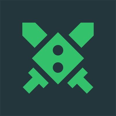 A logo featuring two crossed green swords and a green diamond shape with two dots, set against a dark gray background.