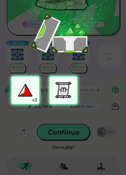 A screenshot from a mobile game showing a rewards or inventory screen with items including a red triangle x2 and an 'Analyzing' icon, with a green 'Continue' button at the bottom.