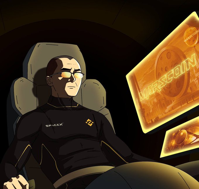 A digital illustration depicts a man wearing glasses and a black spacesuit with the SpaceX logo, seated and looking at glowing orange screens displaying "MARSCoin" alongside imagery of planets.