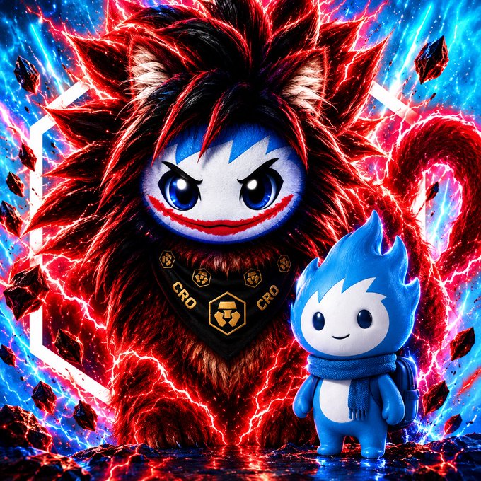A dramatic AI-generated illustration featuring a fierce red lion-like creature with glowing red mane next to a small blue mascot character, set against an electrifying background of lightning and floating debris.