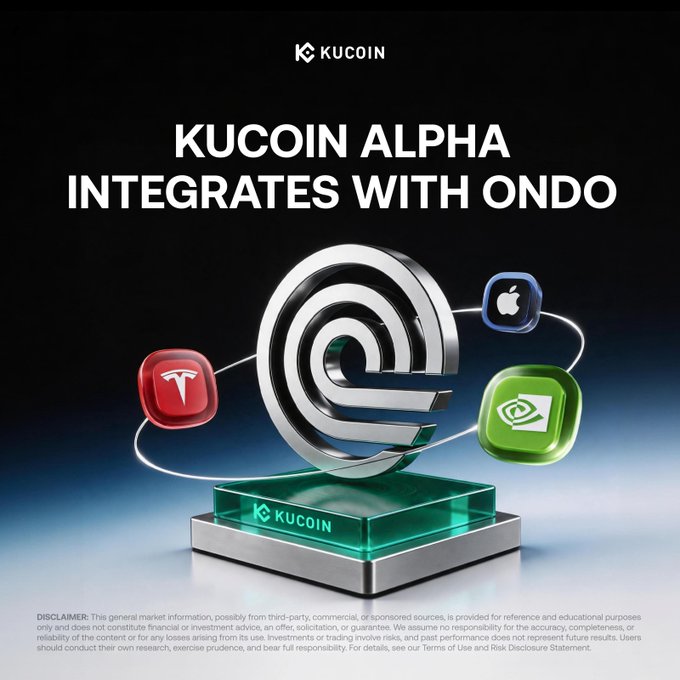 A promotional graphic for KuCoin Alpha's integration with Ondo, featuring KuCoin's logo on a pedestal surrounded by floating icons representing tokenized equities including Apple and Tesla. The image illustrates the platform's new support for 40+ stocks and 8 ETFs tokenized by Ondo Finance, bridging traditional finance with the crypto ecosystem.