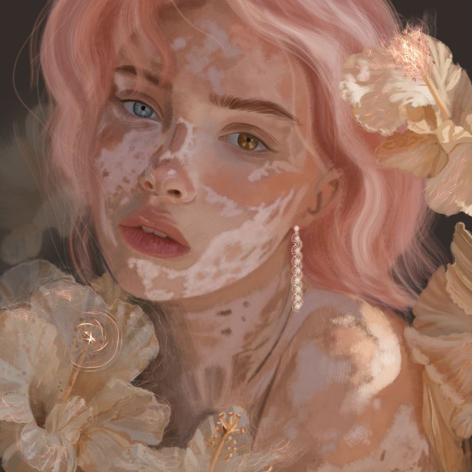 A digital portrait of a figure with pink hair, heterochromia (one blue eye and one amber eye), vitiligo-like skin patterns, pearl drop earrings, and surrounding pale flowers serves as the artwork for a Tezos "1/1" NFT being offered for 199 XTZ on Tezos Tuesday.