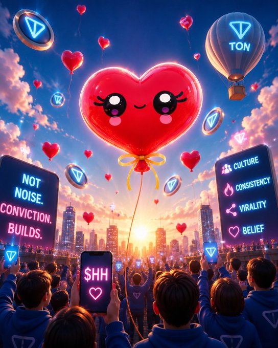 The image features a large red heart balloon floating above a crowd of people, with some holding up cell phones that display the text "Not noise. Conviction builds." The scene takes place at an event or gathering where people are using their phones for selfies and capturing memories. The presence of the heart balloon and the message about building conviction through shared experiences creates a sense of unity and purpose among the attendees, emphasizing the importance of meaningful connections over shallow distractions.