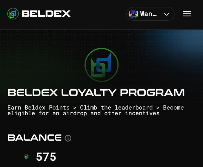 The image shows a screenshot of the Beldex Loyalty Program dashboard displaying a user balance of 575 Beldex points, tied to a post about Beldex's privacy-focused blockchain ecosystem and its benefits to web3 users.