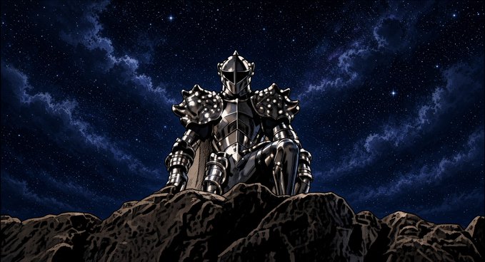 Digital illustration of a knight in ornate spiked armor kneeling atop a rocky outcrop under a starry night sky.