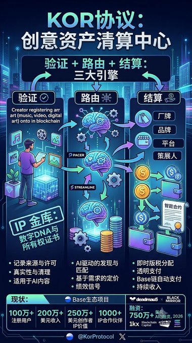An infographic in Chinese titled 'KOR协议' (KOR Protocol) describes itself as a creative asset clearing center with three main engines: verification, routing, and settlement, featuring a futuristic cityscape background and various statistics.