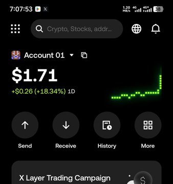 A screenshot of the OKX Wallet app displays an account balance of $1.71 (+$0.26, +18.34%) with action buttons for Send, Receive, History, and More, tying into the post's announcement of OKX Wallet's official launch in Bangladesh.