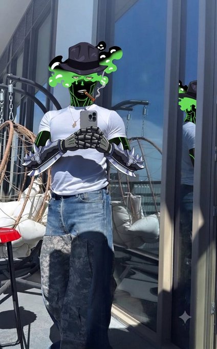 A cyberpunk-style character with green smoke emerging from their head, wearing a black hat, white t-shirt, and baggy jeans while taking a mirror selfie with an iPhone.