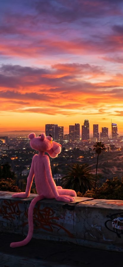 The Pink Panther character sits on a graffiti-covered concrete ledge, looking out over the Los Angeles skyline at sunset under a dramatic pink and orange sky.