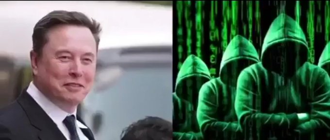A meme image showing a smiling Elon Musk on the left contrasted with hooded figures in front of green digital code on the right, implying a hacker stereotype.