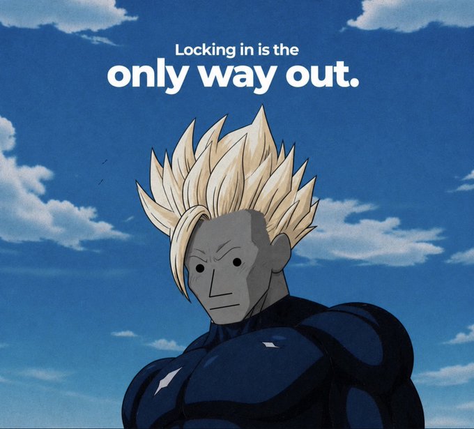An anime-style illustration of a Super Saiyan character (Goku-like) with the text 'Locking in is the only way out.' overlaid on a cloudy sky background.