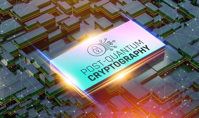 A digital graphic displays a glowing chip labeled "POST-QUANTUM CRYPTOGRAPHY" with a padlock icon, set against a futuristic circuit board background.