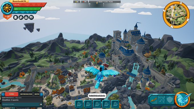 A screenshot from a video game (Fortnite) showing a blue dragon character flying over a medieval-style castle landscape with floating islands in the background.