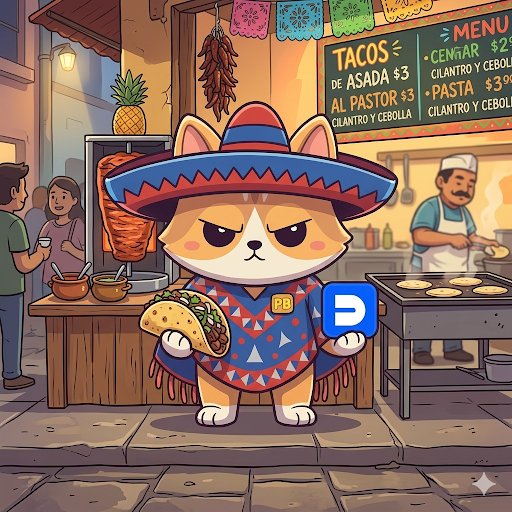An anime-style illustration of a grumpy cat wearing a colorful poncho and sombrero, holding a taco, standing in a Mexican street food scene with a menu board listing 'TACOS DE ASADA', 'AL PASTOR', 'CENGAR', and 'PASTA', with a blue 'D' logo overlaid.