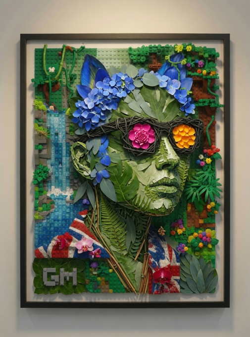 LEGO mosaic artwork depicting a green-faced figure with a flower crown, waterfall scene, and 'GM' text on a British flag patterned shirt.