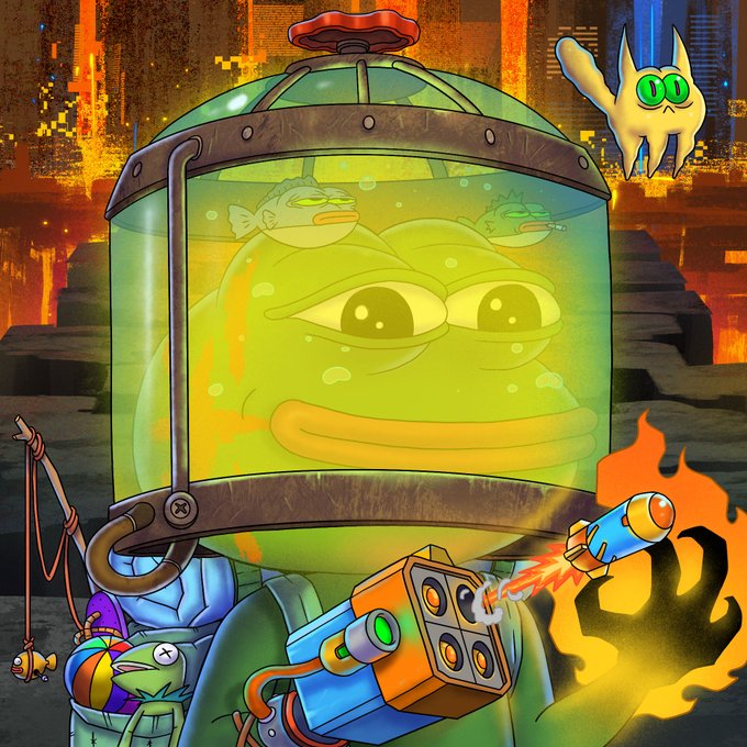 A vibrant digital illustration depicting a large green frog-like creature trapped inside a glass jar in a fiery industrial setting, surrounded by smaller fish-like characters wielding flamethrowers and fishing gear.