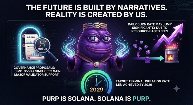 A promotional crypto graphic titled 'THE FUTURE IS BUILT BY NARRATIVES. REALITY IS CREATED BY US.' featuring the purple Pepe-like mascot with a crown, highlighting SIMD-0550 & SIMD-0553 governance proposals, increased daily burn rate, and a target terminal inflation rate of 1.5% achieved by 2029, with the tagline 'PURP IS SOLANA. SOLANA IS PURP.'