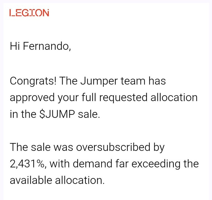 A screenshot of a message from LEGION addressed to 'Fernando' confirming his full requested allocation in the $JUMP sale, noting that the sale was oversubscribed by 2,431%.