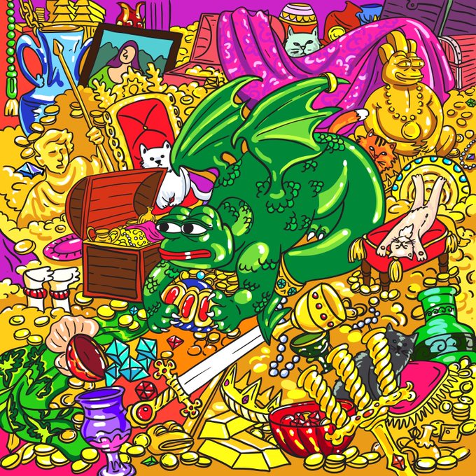 A chaotic, brightly colored cartoon collage shows a green winged dragon sitting atop a pile of gold coins, jewels, treasure chests, goblets, swords, and scattered gems, surrounded by whimsical animals and a partially visible white cat in the background. The image has no readable text and fits the post’s playful “good day” mood, with the dragon hoarding treasure as an example of doing something ridiculous.