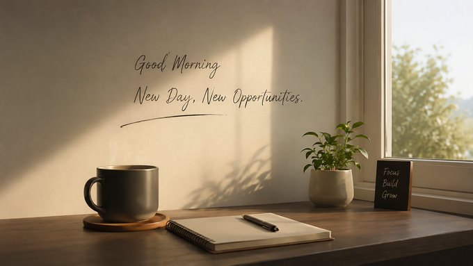 A warm desk scene with 'Good Morning, New Day, New Opportunities.' written on the wall, featuring a coffee mug on a coaster, a plant, and a small chalkboard reading 'Focus, Build, Grow'.