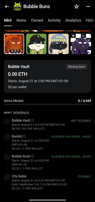 A screenshot of a mobile app marketplace for 'Bubble Buns' NFTs, showing a mint schedule with tiers like 'Bubble Vault' and 'City Gates' priced in ETH.