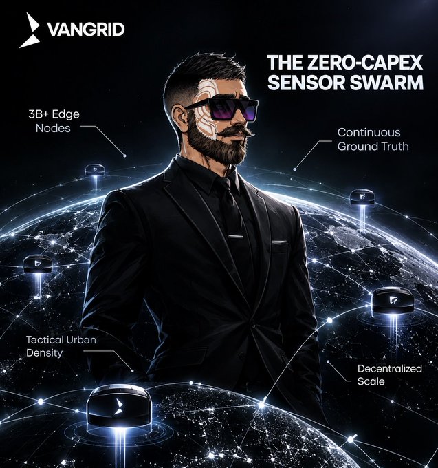A futuristic promotional graphic for VANGRID titled "THE ZERO-CAPEX SENSOR SWARM" featuring a man in a black suit and sunglasses standing above a connected globe, highlighting features like "3B+ Edge Nodes", "Continuous Ground Truth", "Tactical Urban Density", and "Decentralized Scale".