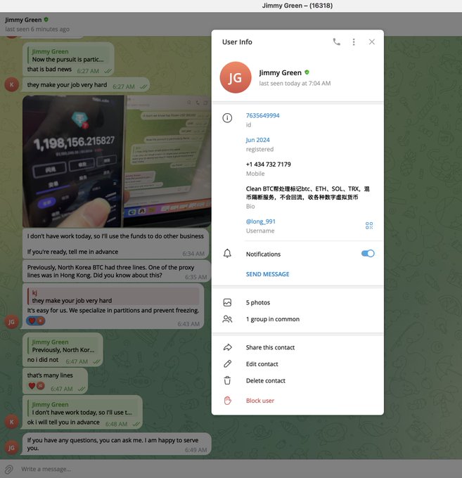 A Telegram chat screenshot showing messages from a contact claiming to be from North Korea discussing cryptocurrency trading (BTC, ETH, SOL, TRX), with a user profile for "Jimmy Green" and a phone number visible.
