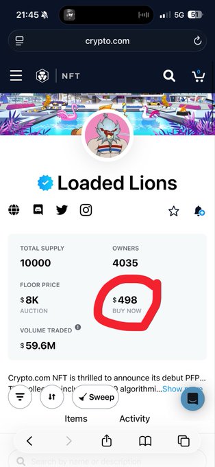 A Crypto.com NFT page showing 'Loaded Lions' collection with a total supply of 10,000, 4,035 owners, and a floor price of $498 (circled in red).