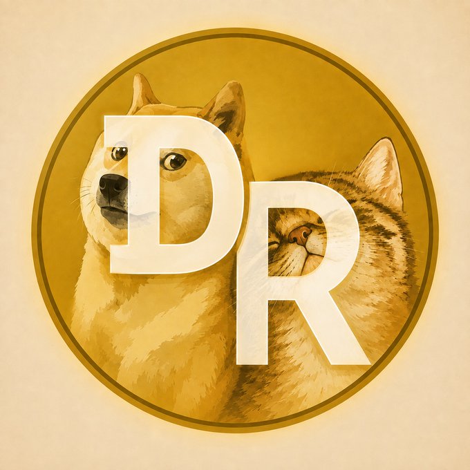 The Dogecoin (DR) logo featuring the iconic Shiba Inu dog illustration enclosed in a gold-colored circular border.