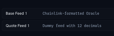 The image displays two configuration entries: "Base Feed 1 — ChainLink-Formatted Oracle" and "Quote Feed 1 — Dummy feed with 12 decimals," illustrating the transparency of Euler's oracle indexing by showing the specific provider, methodology, and feed types used for pricing assets on-chain.